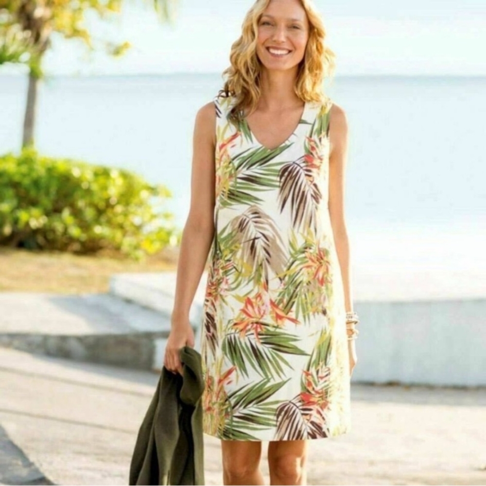 J. Jill 100% Linen Sleeveless Leaf Print Shift Dress